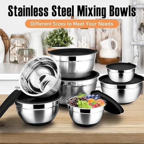 Menbyci 6 Pcs Mixing Bowls with Lids,Stainless Steel Mixing Bowls,Black Non-Slip Bottoms,Including Kitchen Utensils,Mixing Bowl Set for Kitchen Mixing Baking Prepping Cooking Serving