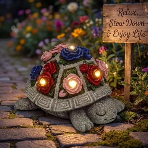 Snclriao Solar Garden Decor Outdoor Turtle Statue with Multi-Color Rose Flowers & 7 LED Lights – Outside Tortoise Decoration for Lawn Yard Patio Backyard - Home House Art - Gift for Men Dad Women Mom — view 5