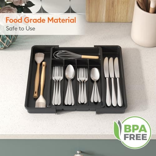 Lifewit Expandable Silverware Organizer, Plastic Utensil Tray for Kitchen Drawer, BPA Free Flatware Cutlery Holder, Space-Saving Storage for Spoons Forks Knives, 8-13.8 x 11.2 x 1.4 inch, Black — view 5