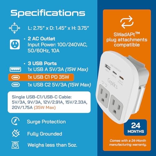 Ceptics 35W Universal Travel Adapter Kit – 2 USA sockets, USB-A, USBC, 1x PD 35W USB-C and USBC Cable, Surge Protected, Plugs for EU, UK, China, AU, Japan - for Laptop, Phone, Camera-ETL Tested — view 4