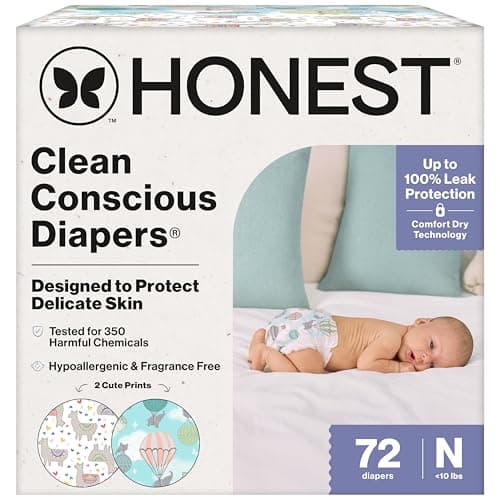 The Honest Company Comfort Dry Disposable Daytime Diapers for Sensitive Skin, Hypoallergenic, Above It All + All the Alpacas, Club Box Size Newborn 72 Count