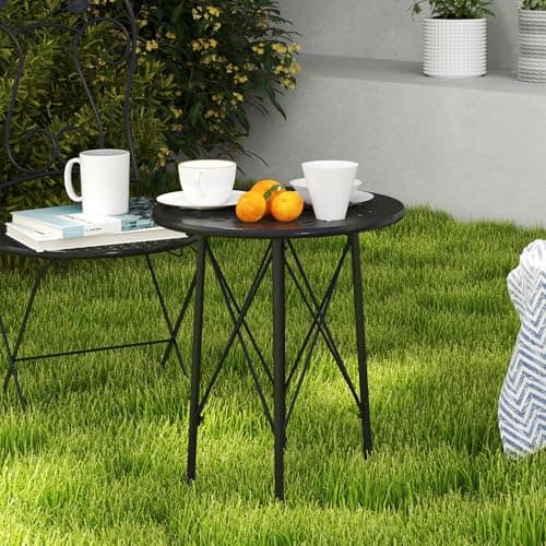 Outsunny 15.7" Round Garden Table with Floral Cut-Out, Steel Balcony Side Bistro Coffee Table, Outdoor Furniture with Adjustable Feet for Patio Garden, Black — view 8