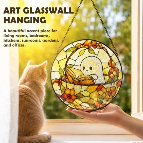 RUKUPA Book Lover Ghost Halloween Stained Glass Window Suncatcher 7.9x7.9 — view 3