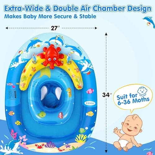 EZIGO Baby Pool Float with Canopy UPF50+ Sun Protection, Inflatable Kids Pool Float with Ocean Animal Toys for Babies 6-36 Months, Infant Swimming Float with Adjustable Safety Seat for Boys Girls — view 4