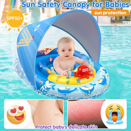 EZIGO Baby Pool Float with Canopy UPF50+ Sun Protection, Inflatable Kids Pool Float with Ocean Animal Toys for Babies 6-36 Months, Infant Swimming Float with Adjustable Safety Seat for Boys Girls — view 2