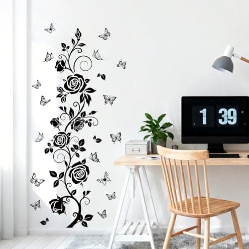 FUFUQUARE Flower Vine Decals Flying Butterfly Black Floral Wall Stickers Removable Wall Art Decor for Living Room Bedroom — view 2
