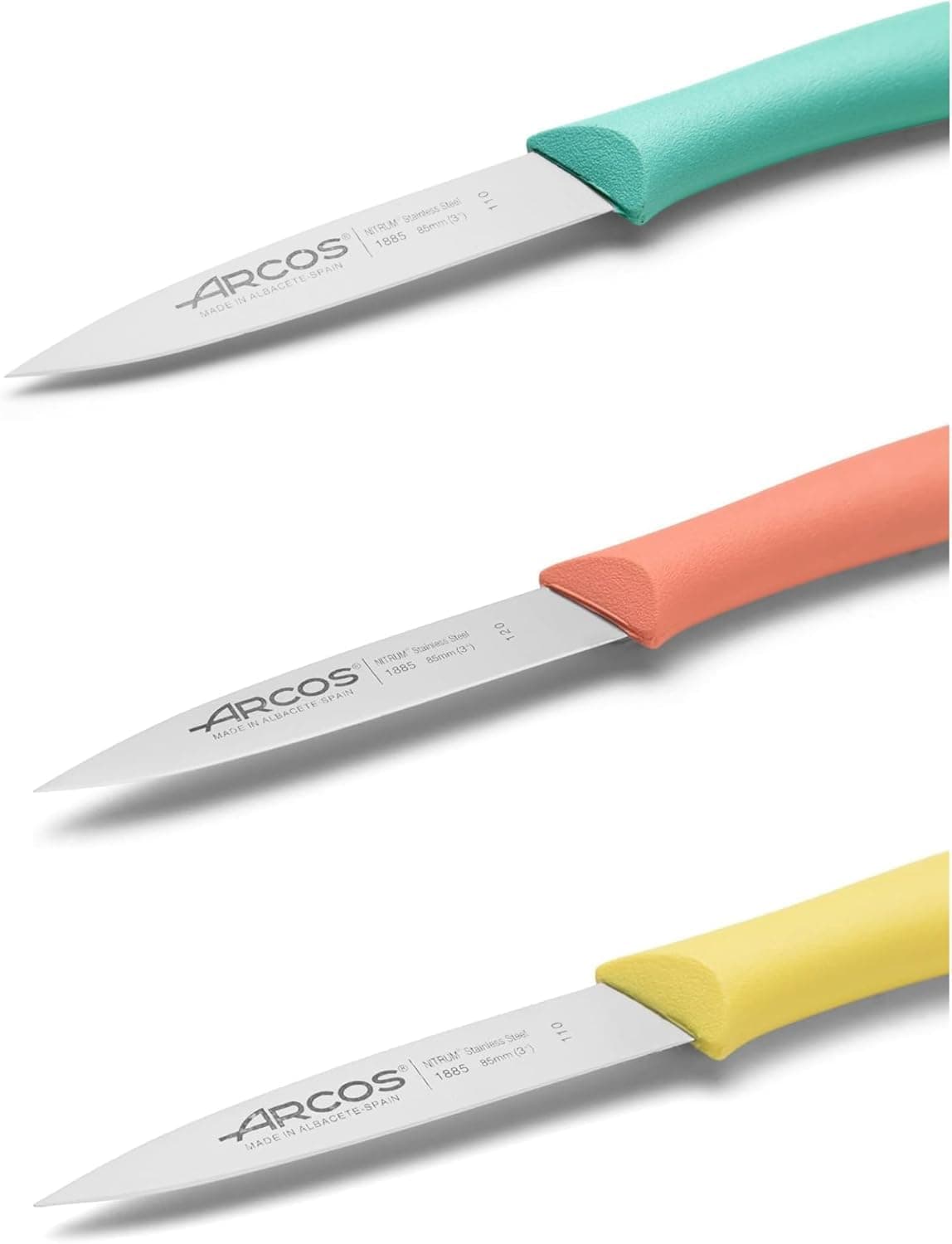 Arcos Set Cuchillos Mondadores. 3 Piezas Acero Inoxidable. Cuchillos Cocina Peladores Multicolor para Pelar Frutas y Verduras. Mango Ergonómico Polipropileno. Serie Nova. Naranja, Amarillo y Azul. — view 3