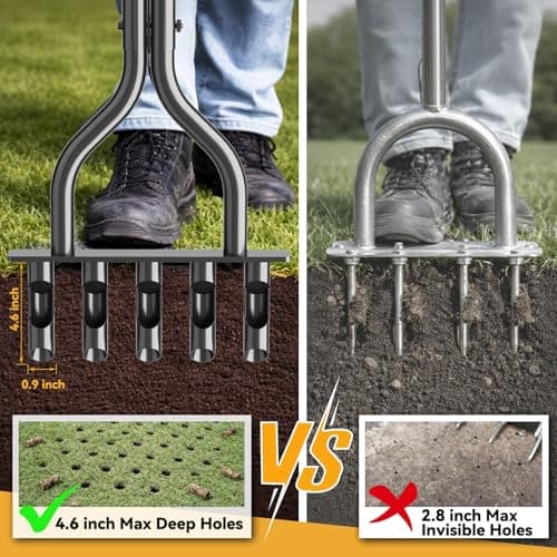 CATMANOR Hollow Tine Lawn Aerator, Heavy Duty Aerator Lawn Tool with 5 Steel Core Tines and Rubber Grip, Manual Core Aerators for Loosening Soil and Improving Lawns Drainage — view 3