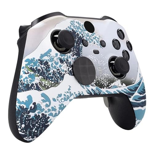 eXtremeRate The Great Wave Patterned Faceplate Cover, Soft Touch Front Housing Shell Case Replacement Kit for Xbox One Elite Series 2 Controller Model 1797 - Thumbstick Accent Rings Included — view 5