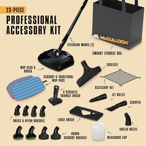 McCulloch MC1385 Deluxe Canister Steam Cleaner, 2-Hour Runtime, Chemical-Free, 23 Accessories: Mop Head, Brushes & More - Built for Home, Tile, Carpet, Furniture, & Personal Car Detailing — view 2