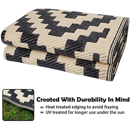 SAND MINE Waterproof Outdoor Rug 5x8 ft, Plastic Reversible Rug, Modern Area Rug, Large Floor Mat for Outdoors, RV, Patio, Backyard, Deck, Picnic, Beach, Camping, Black & Beige — view 3
