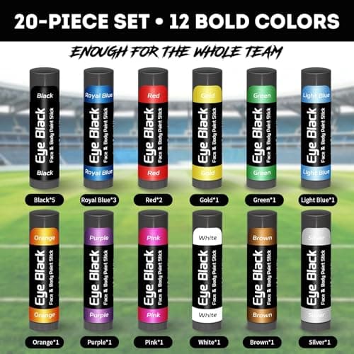 Eye Black Stick 20 Pack, 12 Colors Sports Eye Black for Football Baseball Softball, Anti Glare Eye Black Face Paint for Athletes & Fans, Retractable Under Eye Sports Paint Sticks for Game Day