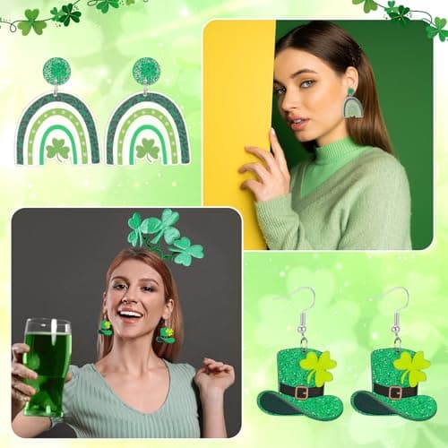 12 Pairs Glitter Rhinestone Earrings Jewelry Set Layered Tassel Green Hat Horseshoe Earring Lucky 4 Leaf Petal Cute Studs for Prom Dress Jewerly — view 4