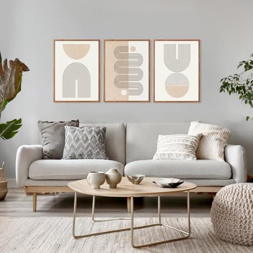 CHDITB Mid-Century Modern Framed Canvas Wall Art Set of 3, Neutral Art Boho Wall Decor, Beige Geometric Wall Painting, Abstract Minimalist Art Prints for Living Room, Bedroom (12X16 Inch)