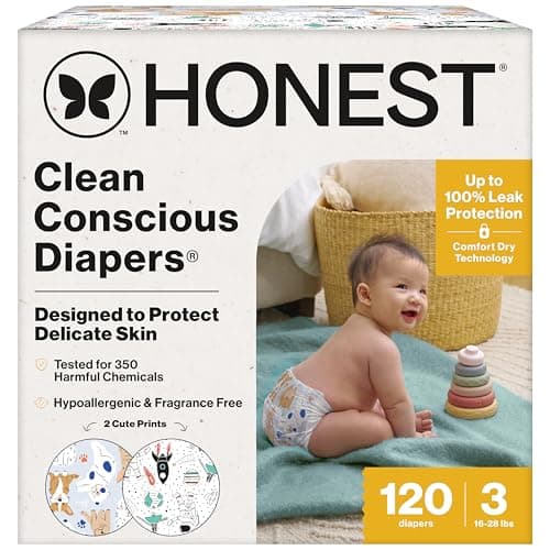 The Honest Company Clean Conscious Diapers | Plant-Based, Sustainable | Orange You Cute + Feeling Nauti | Super Club Box, Size 3 (16-28 lbs), 120 Count