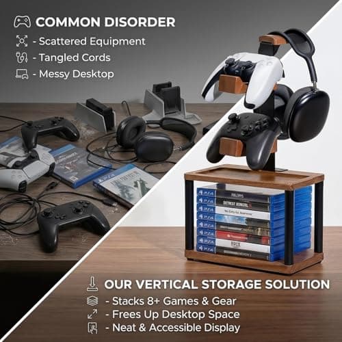 Solid Wood Headphone Stand & Controller Holder with Video Game Storage Base — view 3