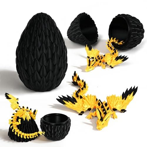 Impossmaker 3D Printed Fly Dragon Egg, Prefilled Easter Eggs Basket Stuffers, Cool Articulated Easter Dragon Gifts Toys, 3D Printer Animals Fidget Dinosaur Toys for Boys Kids Teen (Gold-in-Black)