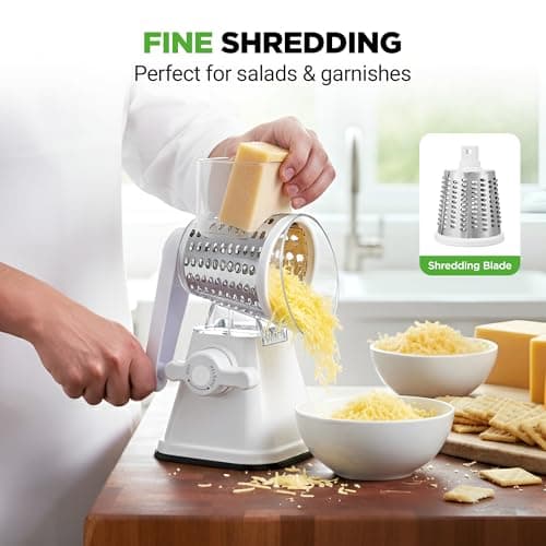 Nutrichef 3 in 1 Cheese Grater & Shredder | Strong Suction Base, Rotary Handle with Safety Lock | Includes Hand Crank & 3 Drum Blades for 3 Textures, Fine, Medium & Strips | White — view 3