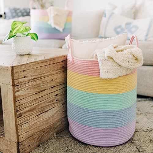 OrganiHaus Tall Rainbow Basket with Handles, Woven Cotton Rope Laundry Basket, Rope Baskets for Dirty Clothes,Towels and Blankets, Large Decorative Storage Bin for Bedroom - 38x45cm — view 5