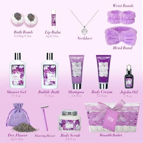 Gifts for Women, Birthday Gifts, Lavender Lilac Bath and Body Gift Basket Set - 16Piece Spa Gift Basket for Women, Mothers Day Gift Basket for Mom, Pampering Bath Set | Christmas, Perfect Holiday Gift for Her & Mom — view 2