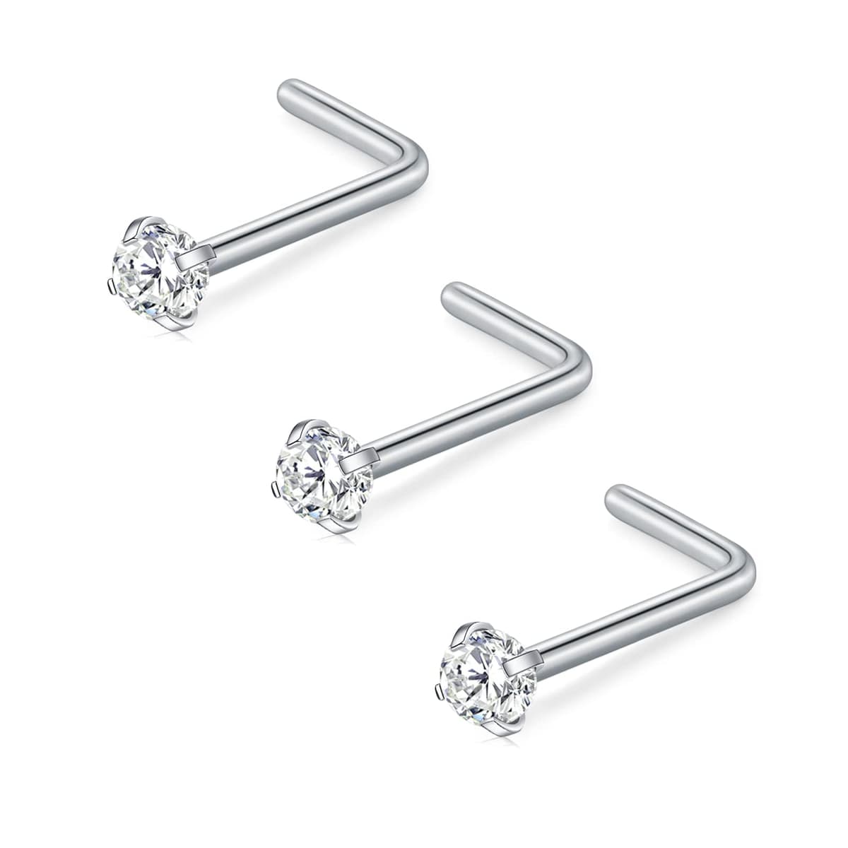 FECTAS Nose Stud L Shape Nose Ring Stud Nose Bar 18G 20G 1.5mm 2mm 2.5mm 3mm L Shaped Nose Piercing Jewellery Stainless Steel Clear Pink Blue Round Star Heart Diamond Silver Gold Black — view 6