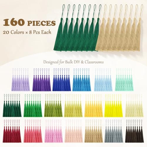 160 Pack Bulk Bookmark Tassels, 5 Inch Soft Silky Tassels with Loops, 20 Colors for Bookmarks, DIY Crafts & Keychain Making, Multi-Color Tassel Set — view 3