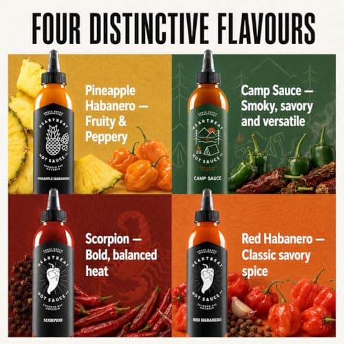 Heartbeat Hot Sauce Essential Collection | Pineapple Habanero, Red Habanero, Camp Sauce & Scorpion | Small-Batch Canadian Hot Sauce Gift Set with Collectible Sticker (4 x 177 mL) — view 3