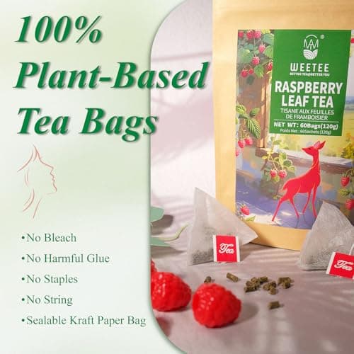 WT WEETEE Red Raspberry Leaf Tea Bags 60 Count, Pure Cut & Sifted Raspberry Leaf, Taste Similar to Green Tea, No Sugar, No Caffeine, Natural Pregnancy Tea — view 4