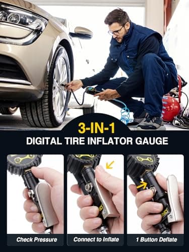 AZUNO Digital Tire Inflator with Pressure Gauge, 200 PSI, Heavy Duty Air Compressor Accessories, w/Rubber Hose Lock on Air Chuck and Quick Connect Coupler (Standard) — view 3