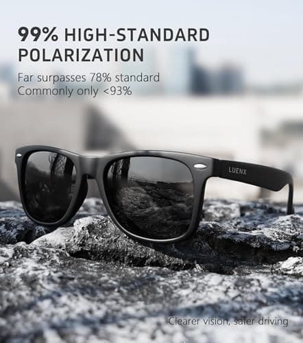 LUENX Polarized Sunglasses for Men Women UV400 Protection Non-mirrored Black Lens Matte Black Square Frame 54MM — view 2