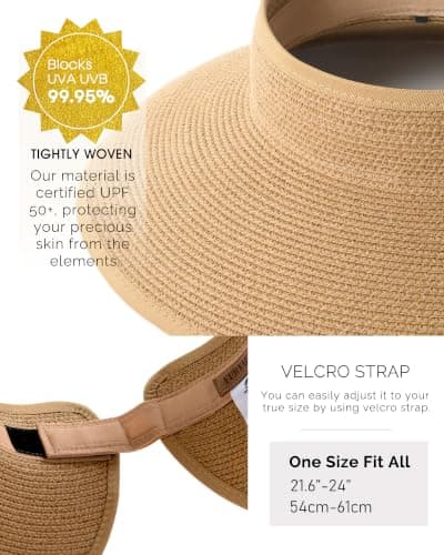 FURTALK Sun Visor Hats for Women Wide Brim Straw Roll Up Ponytail Summer Beach Hat UV UPF 50 Packable Foldable Travel — view 6