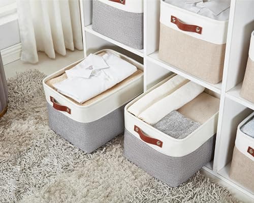 DECOMOMO Storage Baskets for Shelves - Fabric Storage Bins, Linen Closet Organizers and Storage (Grey & White, Large - 3 Pack) — view 8