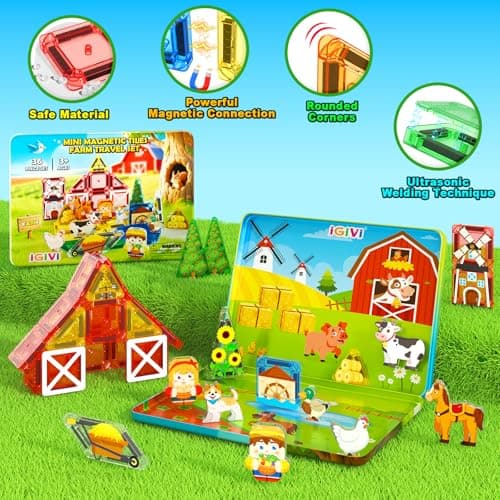 IGIVI Mini Magnetic Tiles Farm Travel Set, Magnet Building Blocks for Toddlers, STEM Travel Toys with Metal Storage Box, Christmas Birthdays Gifts for Kids Ages 3+ — view 3