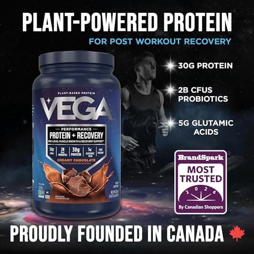 Vega Protein + Recovery, Chocolate – 30g Vegan Protein, Dairy & Gluten Free, Probiotics, NSF Certified, 837g (19 Servings)