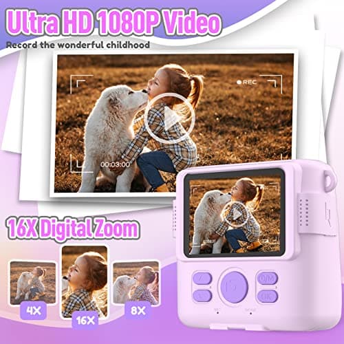 ESOXOFFORE Instant Print Camera for Kids, Christmas Birthday Gifts for Girls Boys Age 3-12,Kids Digital Cameras for Toddler, Portable Toy for 3 4 5 6 7 8 9 10 Year Old Girl -Purple — view 3