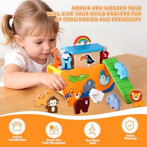 Hoarosall 27-Piece Wooden Noah's Ark Toy for 1-3 Year Olds Baptism Christmas Birthday Gift Bilingual Bible Story Montessori Shape Sorter Christian Educational Toy for Boys Girls — view 4