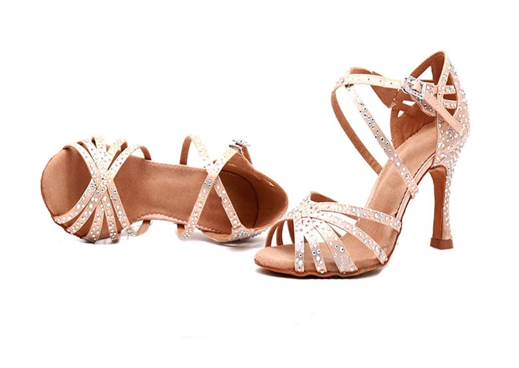 Sandalias de baile moderno latino con correa cruzada para mujer, con diamantes de imitación de tango social, bailes, Tacón marrón de 9 cm. — view 3