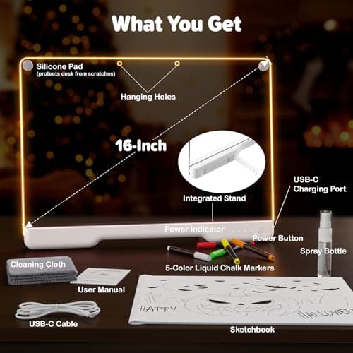 Geokay 16" Rechargeable LED Drawing Board, 9-Color Light Modes, Neon Art Dry Erase Light Up Doodle Glow Pad with Built-in Stand, Sketching Gift Toy for Kids/Girls/Teens, 7 Markers & Tracing Book — view 6