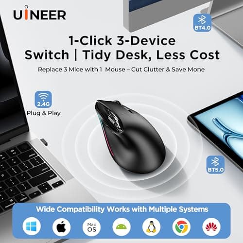 Uineer Wireless Ergonomic Mouse, Wireless Bluetooth Rechargeable Vertical Mouse, 7 Color LED, 4 DPI Adjustable, USB-A Receiver, Wrist Strain Relief,Optical Mice for Computer/PC/Laptop, Black (Black) — view 5