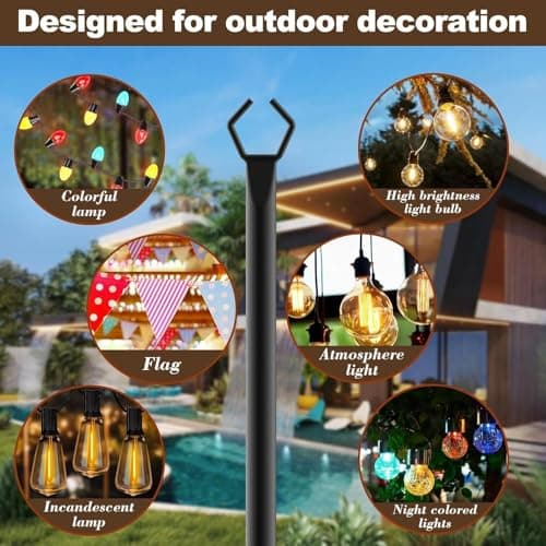 AILBTON 10Ft String Light Poles 4 Pack,Light Poles for Outside Lights,Outdoor with Fence Brackets Hanging Lights,Metal Stand Deck Patio Backyard — view 2