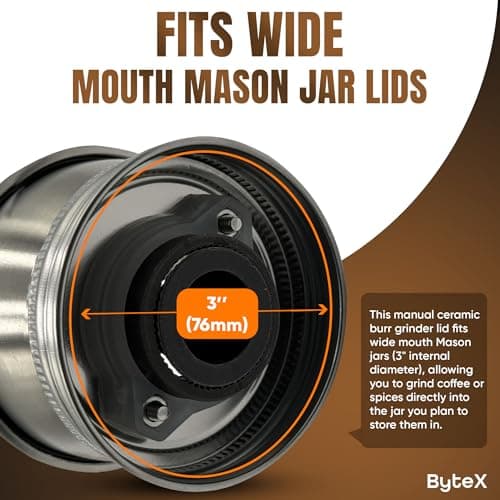 Stainless Steel Coffee Grinder Lid Attachment for Regular Mouth Mason Jars - Manual Crank Burr Grinder for Fresh Coffee, Ideal for Camping, Home Barista, Rust Proof Ceramic Mechanism (Wide) — view 2