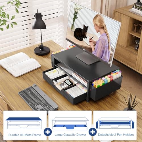 OPNICE Desk Organizers and Accessories, Computer Monitor Stand Riser with Drawer and 2 Pen Holders, Printer & Laptop Stand, Office Desk Accessories & Workspace Organizers for Home Office Supplies, Black — view 3