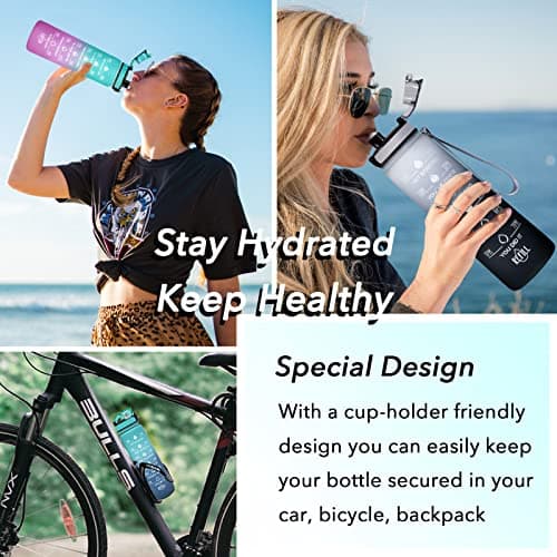 Enerbone 32 oz Water Bottle, Leakproof BPA & Toxic Free, Motivational Water Bottle with Times to Drink and Straw, Fitness Sports Water Bottle with Strap for Office, Gym, Outdoor Sports, Gray-Black — view 6