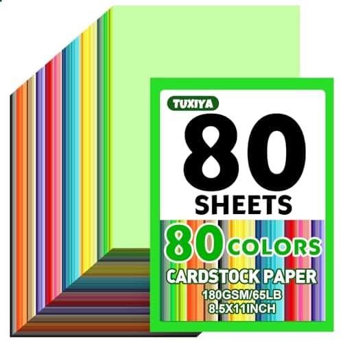 80 Sheets 8.5" X 11"Colored Cardstock, 80 Assorted Colors 180GSM/65LB Construction Paper Card Stock for Card Making, DIY Crafts, School Supplies, Party Decorations & Printing