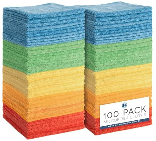 S&T INC. 100 Pack Microfiber Cleaning Cloth, Bulk Towels for Home, Reusable Microfiber Towels for Cars, Cleaning Rags, Assorted, 11.5 Inches x 11.5 Inches, 100 Count