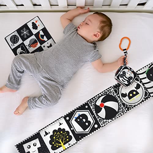 KUANGO 3 Pcs Black and White High Contrast Baby Toys 0-3 Months for Newborn, Montessori Toys for Babies Sensory Soft Book for Early Education, Infant Tummy Time Toys 0 6 9 Months Baby Gifts — view 4