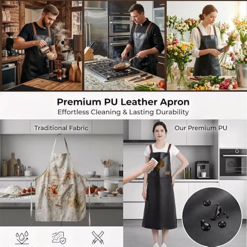 GEMBITYFUL Black Waterproof Apron Large Pocket PU Material Waterproof Oil-proof Dust-proof Apron Slim Apron Length 38.6 inch — view 4
