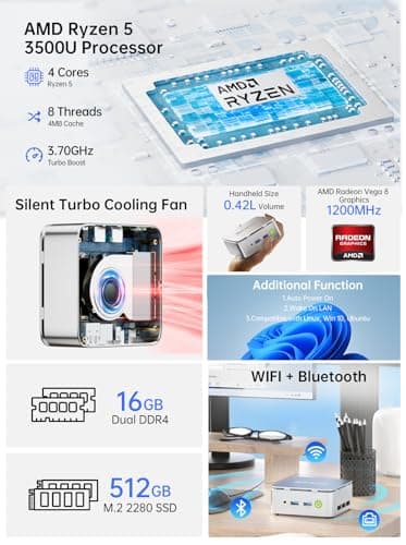 GMKtec Mini PC Computer, G10 Ryzen 5 3500U (Beats N150/4300U/3200U), 16GB RAM 512GB SSD 2.5GbE NIC LAN Desktop Office Home Business HTPC, Triple 4K Display, WiFi, BT, USB-C, DP, Type-C PD, HDMI 2.1