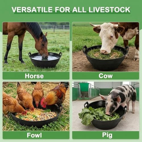2-Pack 15.4 Inch Thick Rubber Feed Pan with Handle, Stackable Animal Feeding Buckets for Horses, Goats, Chickens, Livestock Feed Bowl, & Heavy Duty