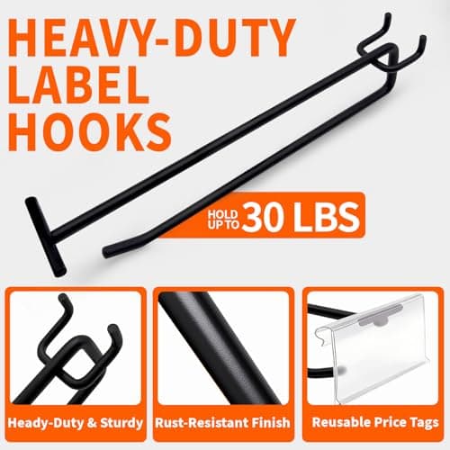 Suntree 50 Pcs 8 Inch Long Pegboard Hooks with Label Slot for 1/4" Pegboard, Extra Long Heavy Duty Hangers for Tools, Cables, Bulk Storage – Garage & Shop Organization — view 2